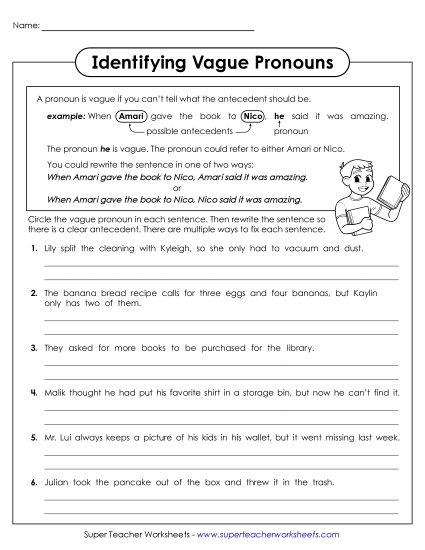 New Rewriting Sentences with Vague Pronouns Worksheet