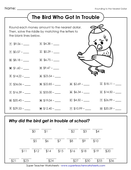 Math Riddle: Bird Who Got In Trouble Rounding Worksheet