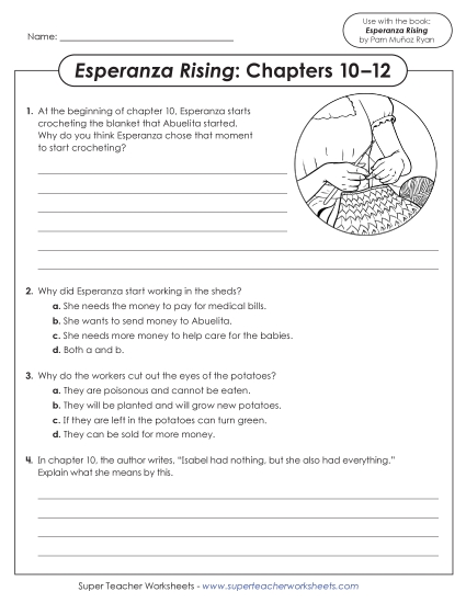 New Questions for Chapters 10–12 (Esperanza Rising) Worksheet