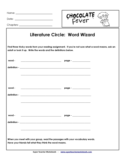 Literature Circles: Word Wizard Book Chocolate Fever Worksheet