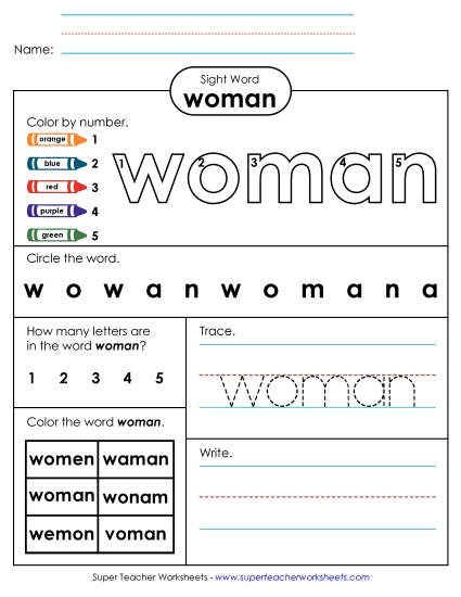 Worksheet 4: Woman Sight Words Individual Worksheet