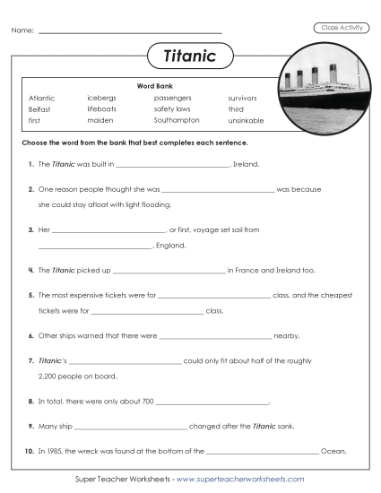 New Titanic Cloze Activity Worksheet New Titanic Cloze Activity Worksheet