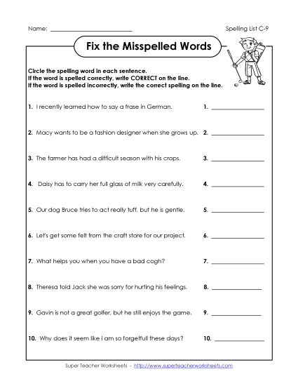 Find the Mistakes (C-9) Spelling C Worksheet