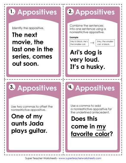 Appositives Task Cards Worksheet