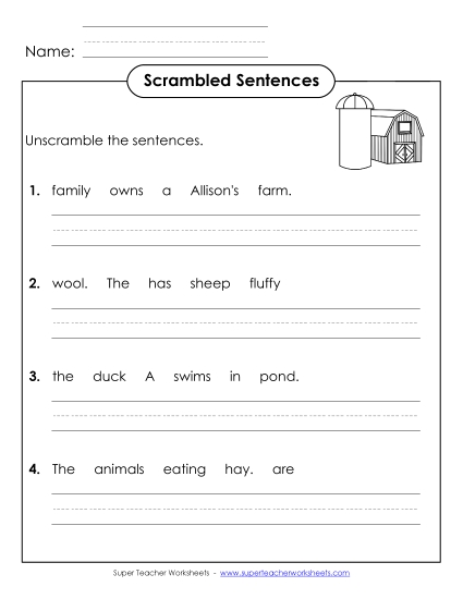 Scrambled Sentences (A-Farm Words) Spelling A Worksheet