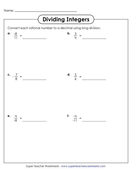 New Dividing Integers with Long Division Worksheet