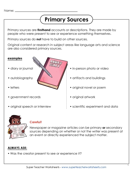 New Primary Sources Anchor Chart Worksheet