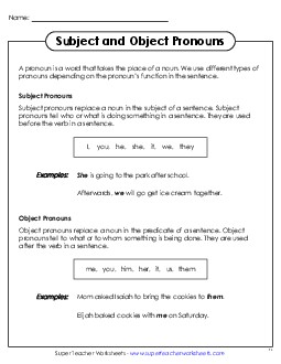 New Subject & Object Pronouns Anchor Chart Worksheet