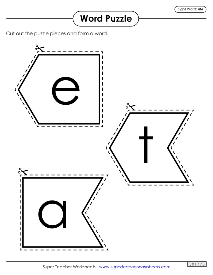 Word Puzzle: Ate Sight Words Individual Worksheet
