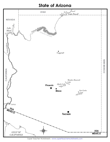 Labeled Arizona Map State Maps Worksheet