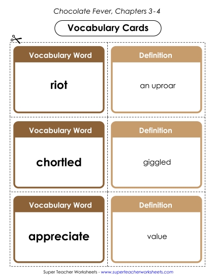 Vocabulary Cards for Chapters 3-4 Book Chocolate Fever Worksheet