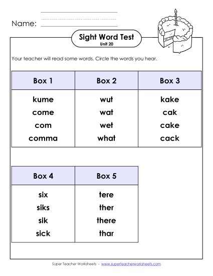 Whole Class Test (Unit 20) Sight Words Worksheet