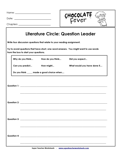 Literature Circles: Question Leader Book Chocolate Fever Worksheet