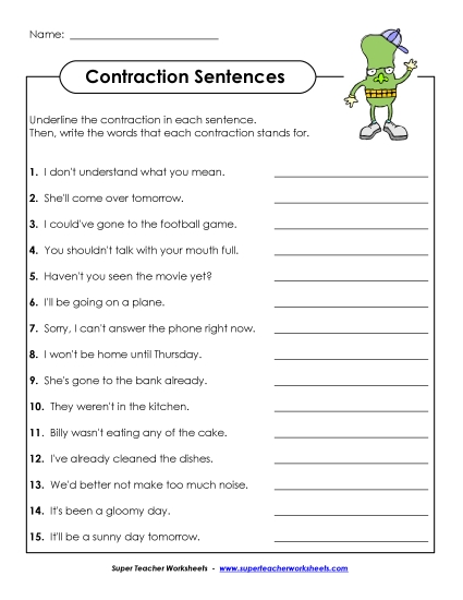 Preview image for Contraction Sentences Worksheet