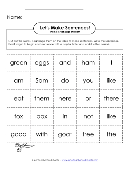 Green Eggs & Ham Word Cards Drseuss Worksheet