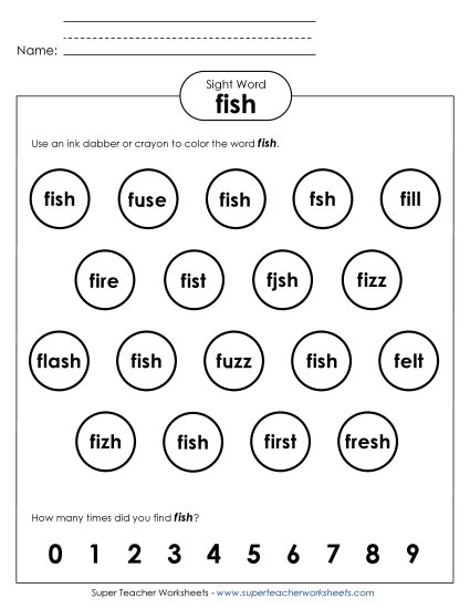 Dab or Color: Fish Sight Words Individual Worksheet