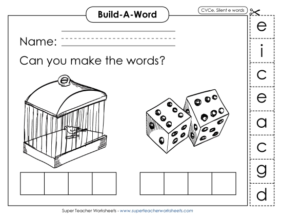 Build-a-Word: Cage and Dice Phonics Silent E Worksheet