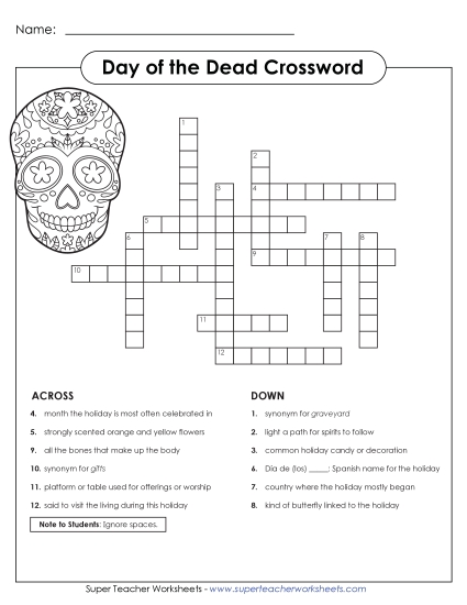 New Day of the Dead Crossword Worksheet
