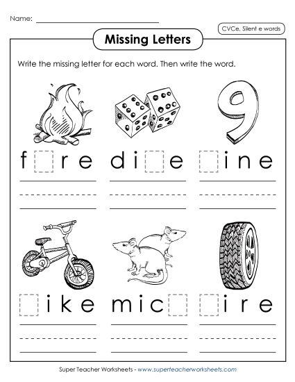 Missing Letters 2 (Silent E) Phonics Silent E Worksheet