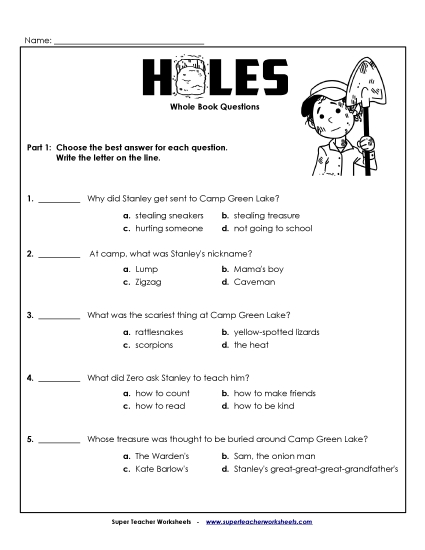 Whole Book Questions Book Holes Worksheet