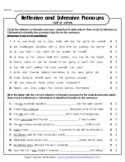 New Reflexive and Intensive Pronouns Worksheet