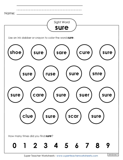 Dab or Color: Sure Sight Words Individual Worksheet