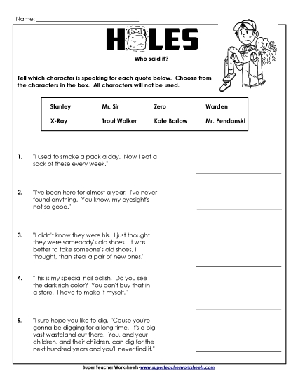 Who Said It? Book Holes Worksheet