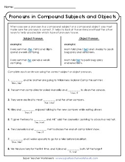 New Fill-in-the-Blank Worksheet<br>Pronouns in Compound Subjects & Objects Worksheet