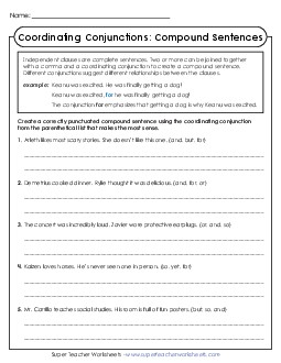 New Coordinating Conjunctions: Compound Sentences Worksheet