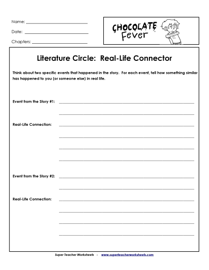 Literature Circles: Real-Life Connector Book Chocolate Fever Worksheet