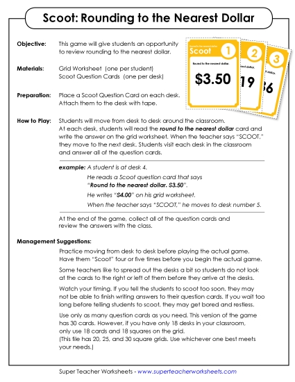 Scoot Class Game: Rounding to Nearest Dollar Worksheet
