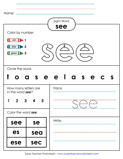 Worksheet 4: See Free Sight Words Individual Worksheet