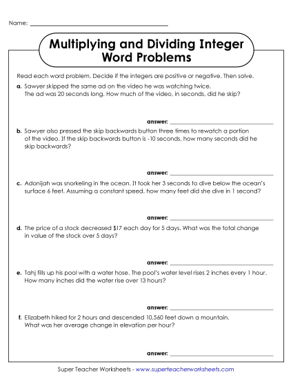 New Multiplying and Dividing Integers Word Problems Worksheet