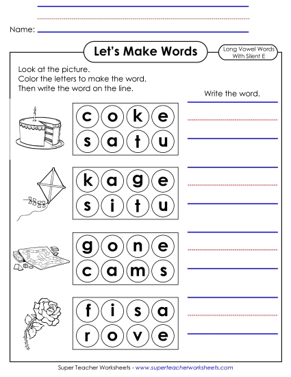 Let\'s Make Words (Long A; Silent E) Phonics Silent E Worksheet