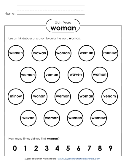 Dab or Color: Woman Sight Words Individual Worksheet