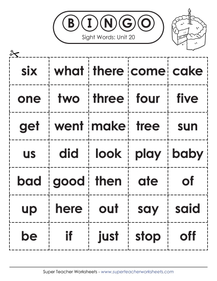 Sight Word Bingo (Unit 20) Sight Words Worksheet