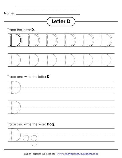 Uppercase D (Dotted Lines) Printing Worksheet