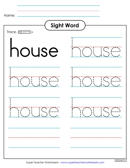 Trace the Word: House Sight Words Individual Worksheet