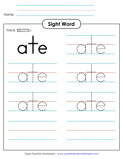 Trace the Word: Ate Sight Words Individual Worksheet