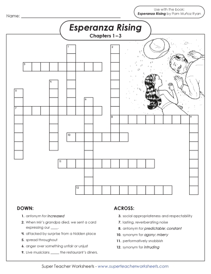 New Vocabulary Crossword for Chapters 1–3 <br>(Esperanza Rising) Worksheet New Vocabulary Crossword for Chapters 1–3 <br>(Esperanza Rising) Worksheet