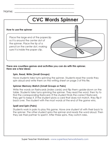 New CVC Words Spinner Worksheet