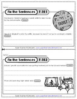 New Fix the Sentences F-101 through F-105 Worksheet