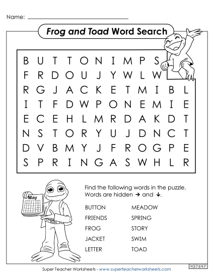 Frog and Toad Word Search  Book Frog And Toad Worksheet