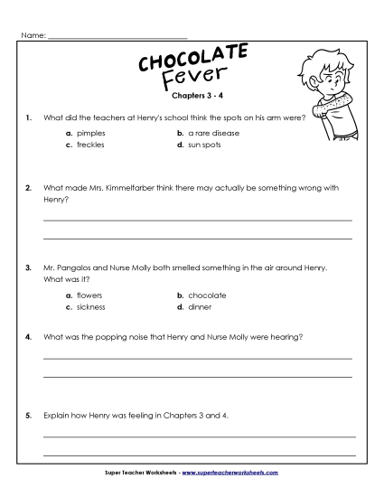 Questions for Chapters 3-4 Book Chocolate Fever Worksheet