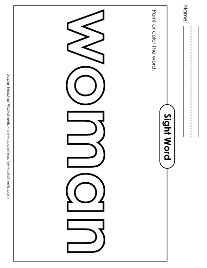 Paint or Color: Woman Sight Words Individual Worksheet