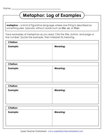 New Metaphor: Log of Examples Worksheet