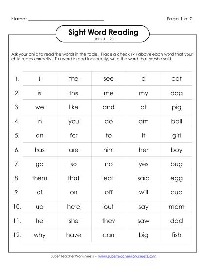 Cumulative Practice (Units 1 - 20) Sight Words Worksheet