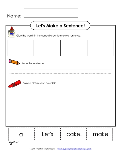 Build-a-Sentence: Let\'s Make a Cake Phonics Silent E Worksheet