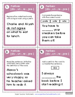 Prefixes Task Cards 4th Grade ELA Worksheet