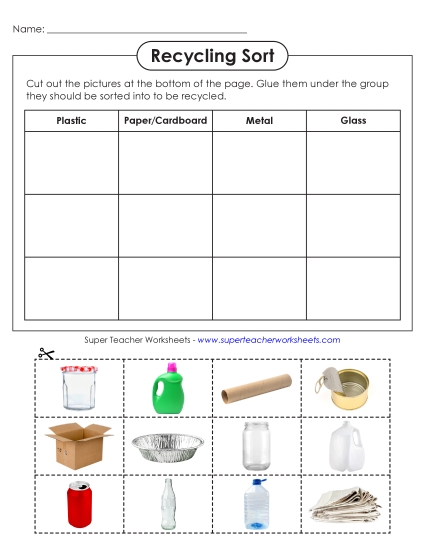 New Recycling Sort (Cut & Glue) Worksheet